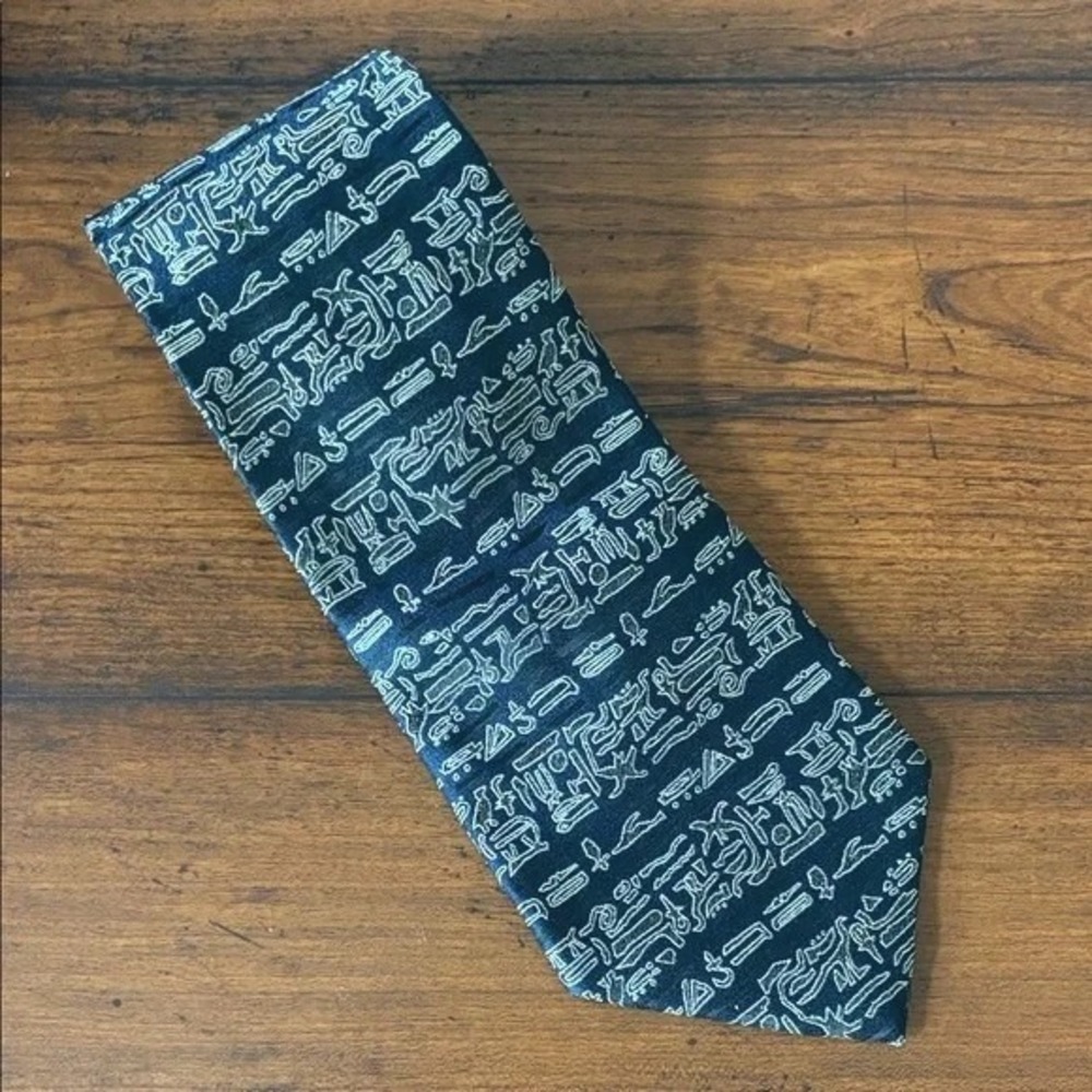 ERMENEGILDO ZEGMA Men Navy Black White Silk Hieroglyphics Necktie Made in Italy‎